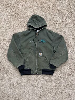 Vintage Carhartt JR104 Sz L Hooded Olive Green Canvas Jacket Thermal Lined Mens